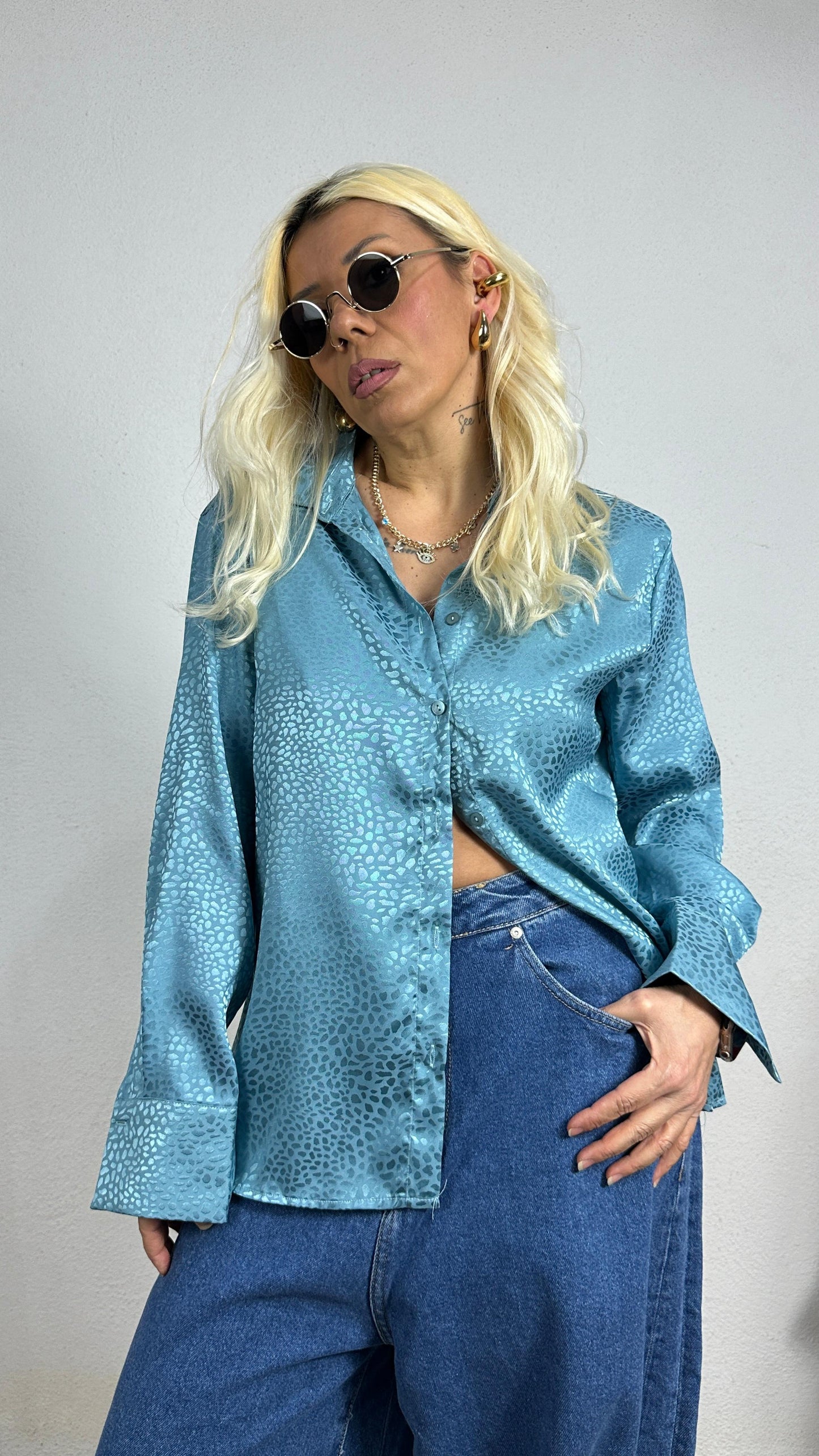 Nunu By Croc Chic Turkuaz Saten Gömlek