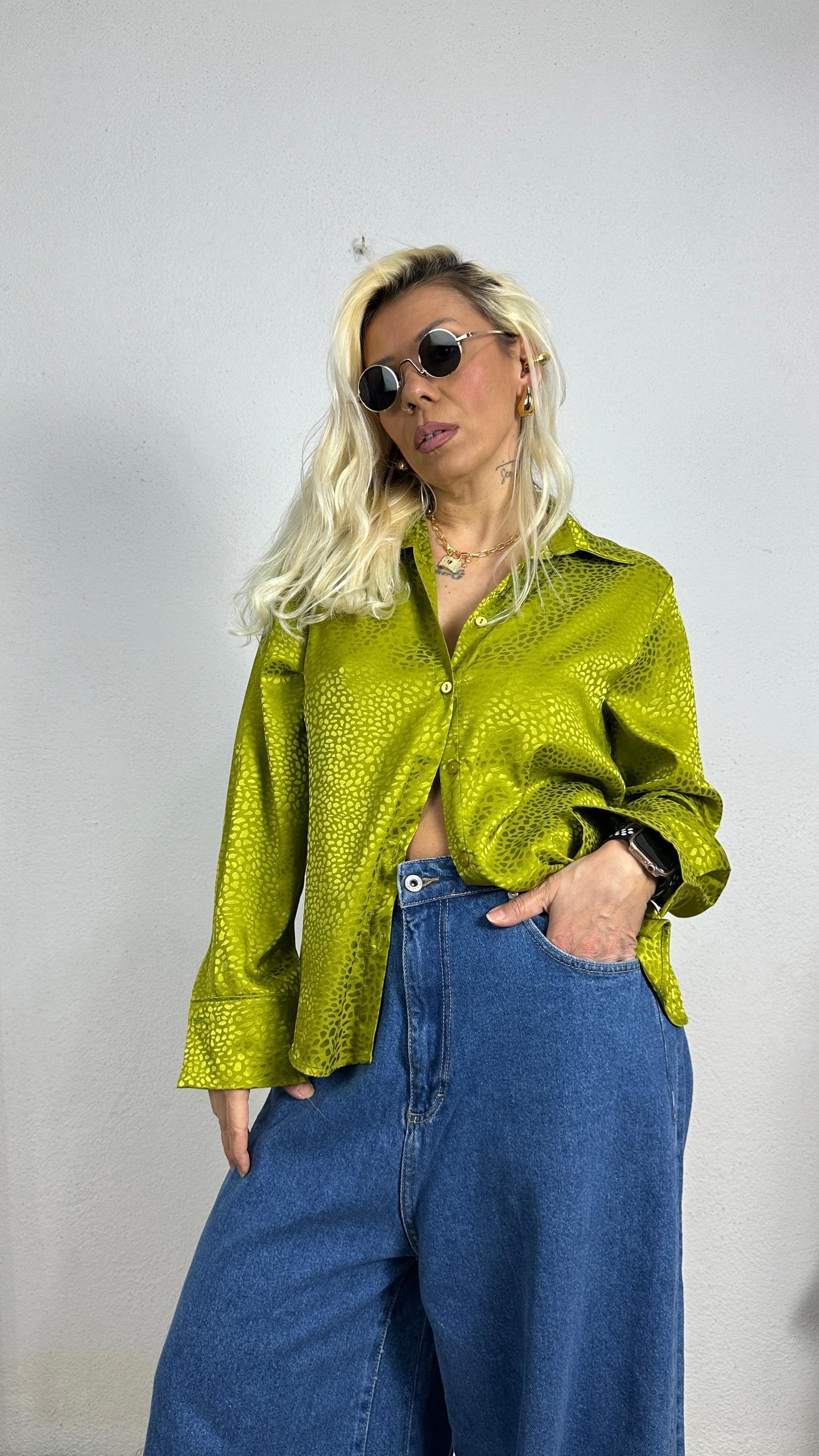 Nunu By Croc Chic Yağ Yeşili Saten Gömlek