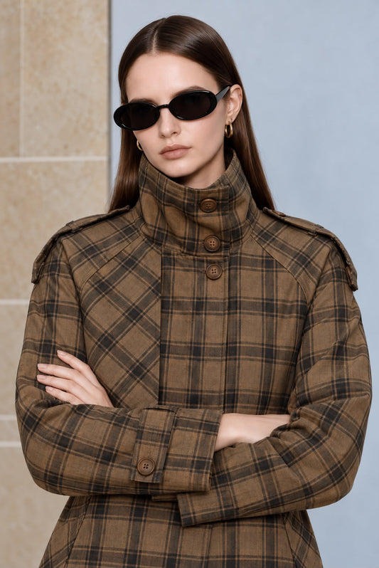NuNu By Heritage Check Dik Yaka Ekose Kadın Trençkot