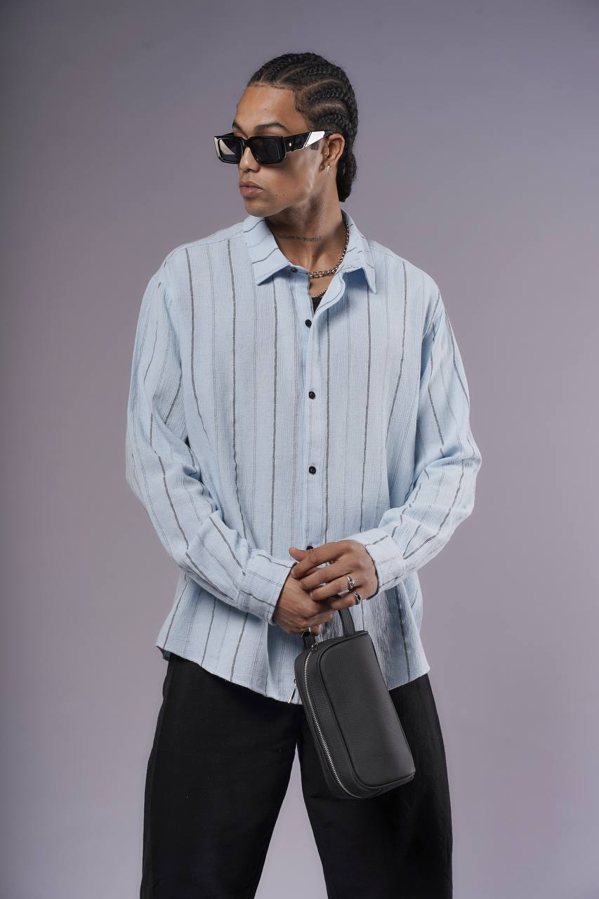 NuNu By King Erkek Açık Mavi Çizgili Keten Gömlek