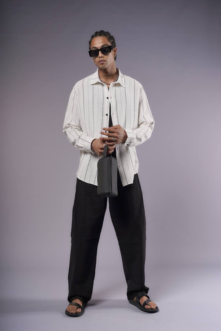 NuNu By King Erkek Ekru Çizgili Keten Gömlek