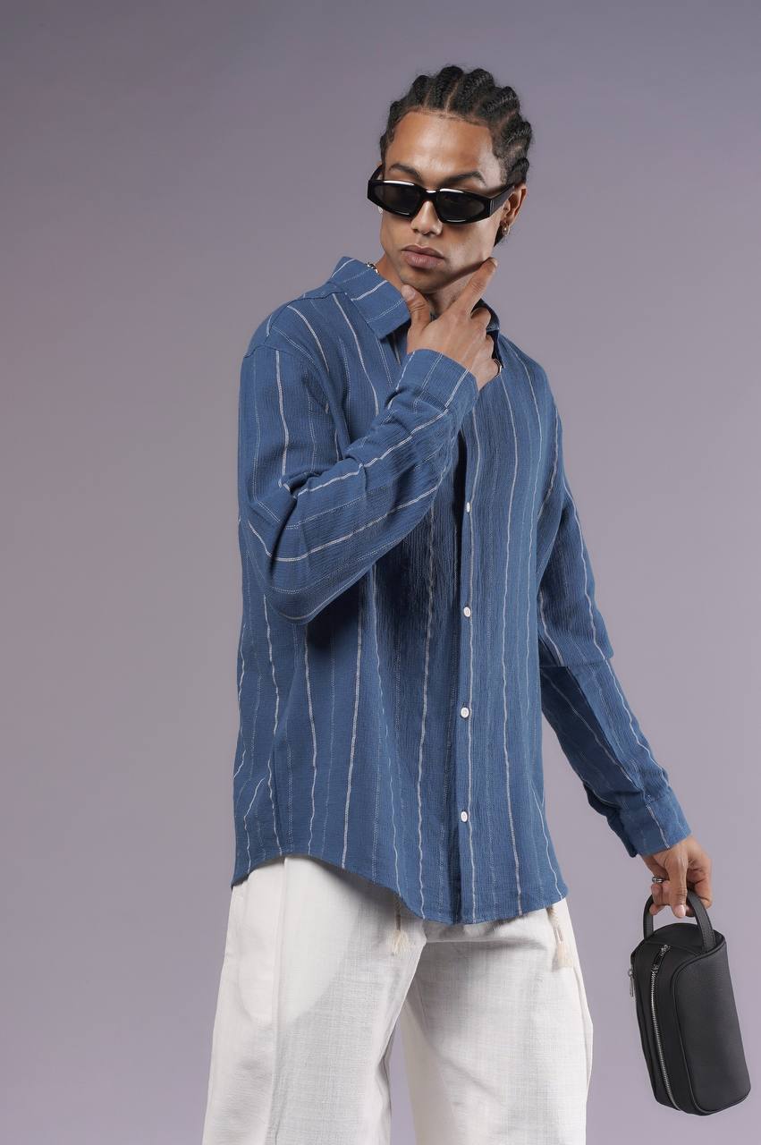 NuNu By King Erkek İndigo Çizgili Keten Gömlek