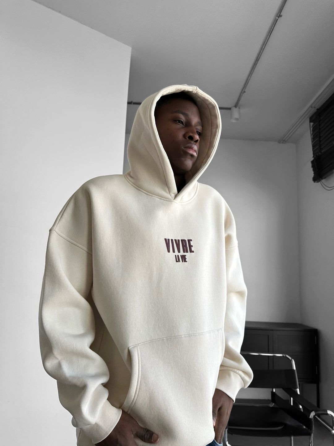 NuNu By Lagos Vivre La Vie Oversize Bej Erkek Kapüşonlu Sweatshirt