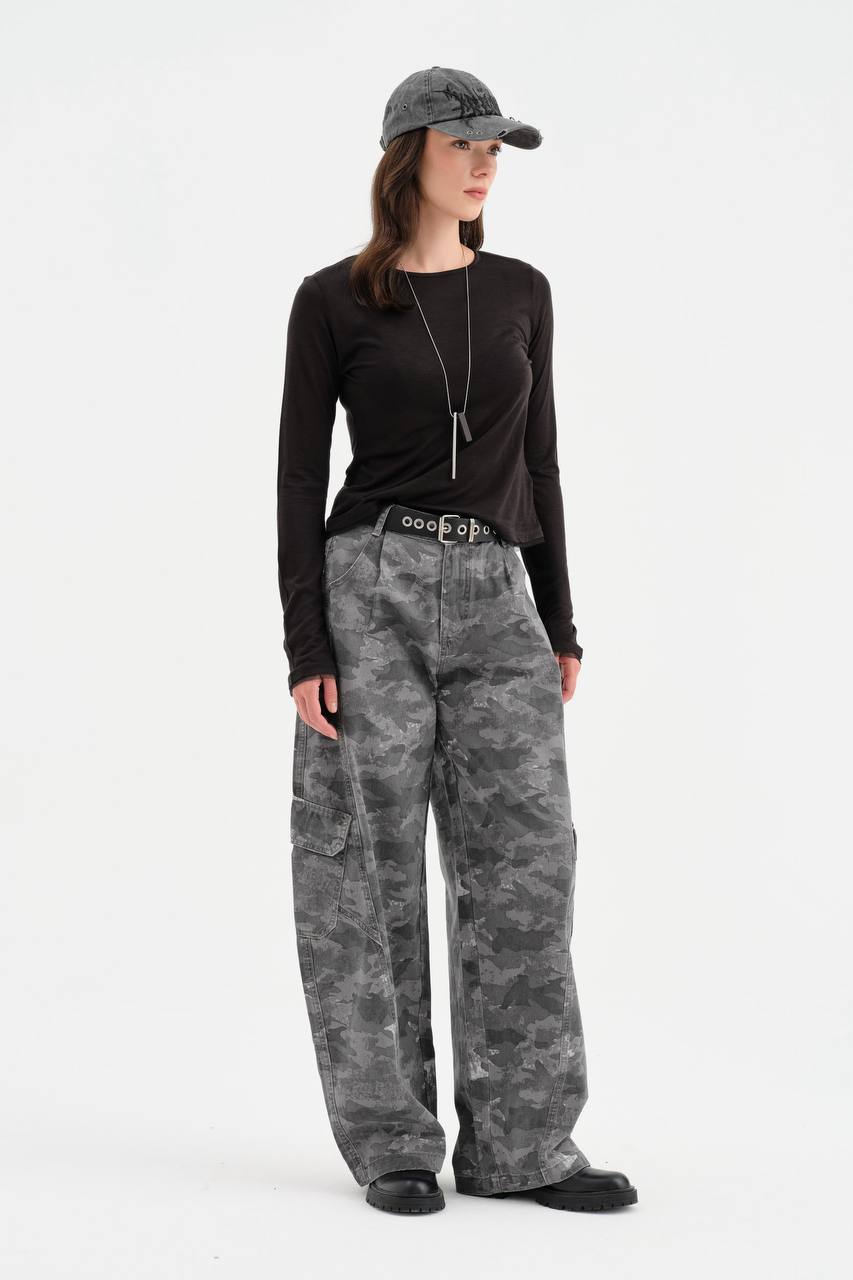 NuNu By TW Combat Gri Kamuflaj Wide Leg Cargo Kadın Pantolon