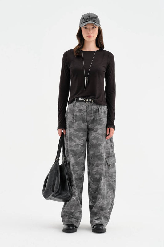 NuNu By TW Combat Gri Kamuflaj Wide Leg Cargo Kadın Pantolon