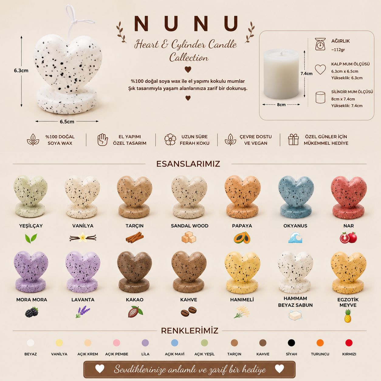NuNu Heart & Cylinder Candle Collection – El Yapımı Soya Wax Dekoratif Mum Soya Wax