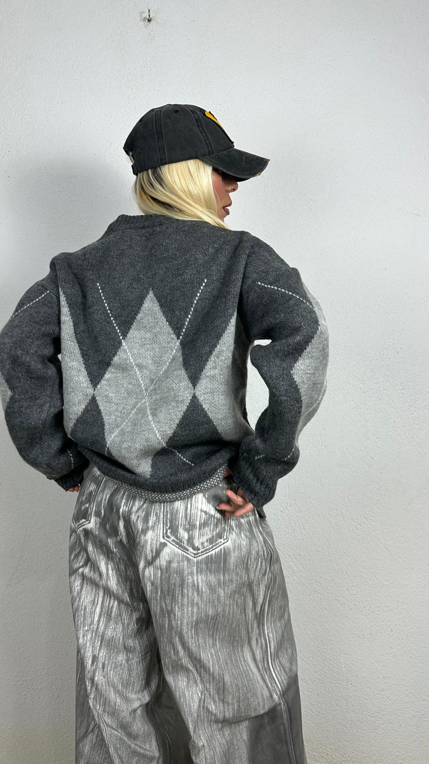 NuNu Minerva Gri Baklava Desen Kazak