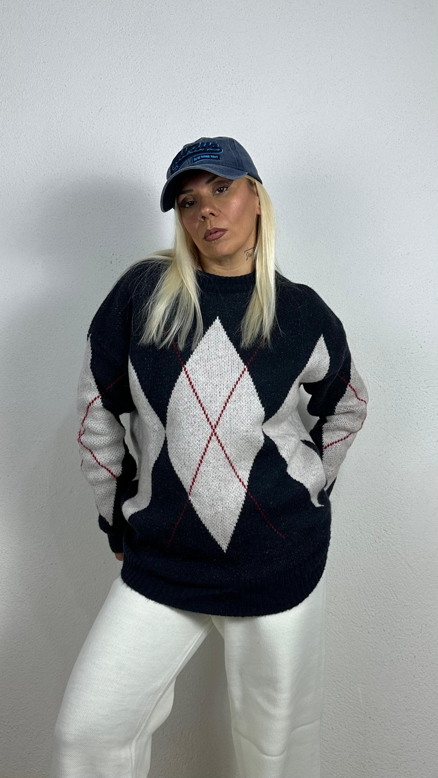 NuNu Minerva Lacivert Ekru Baklava Desen Kazak