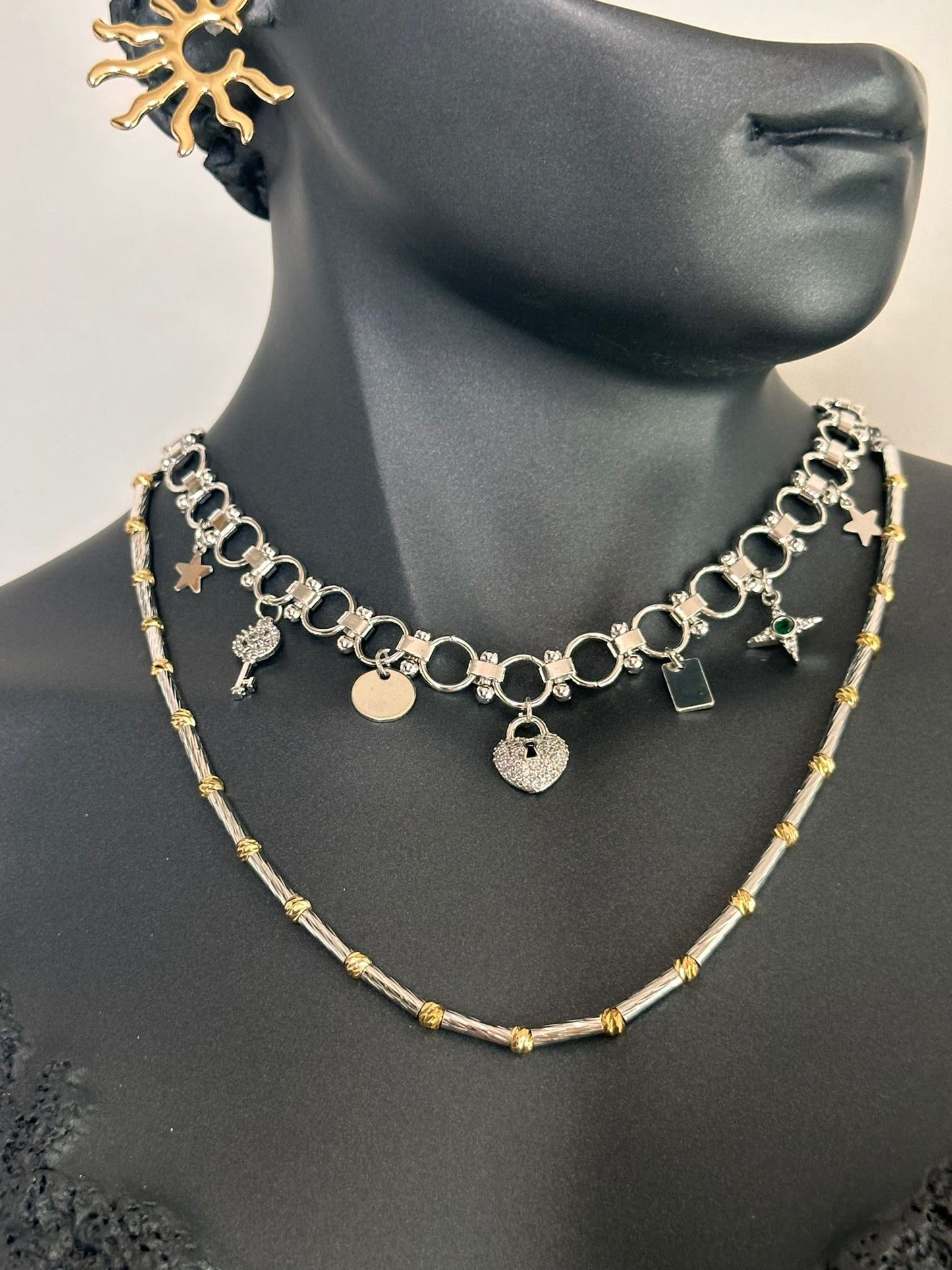 Pirinç Silver Çarm Ve Kesme Dorika Kombin Kolye