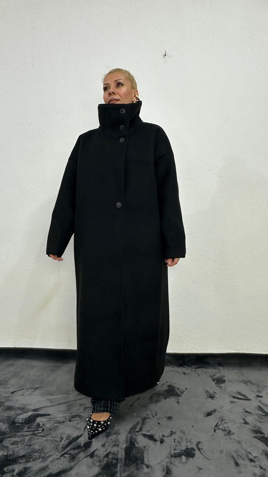 NuNu By Siyah Dik Yaka Oversize Kaşe Kaban
