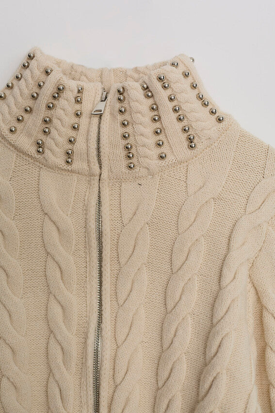 NuNu By Elegant Weave Bej Boncuklu Fermuarlı Kazak