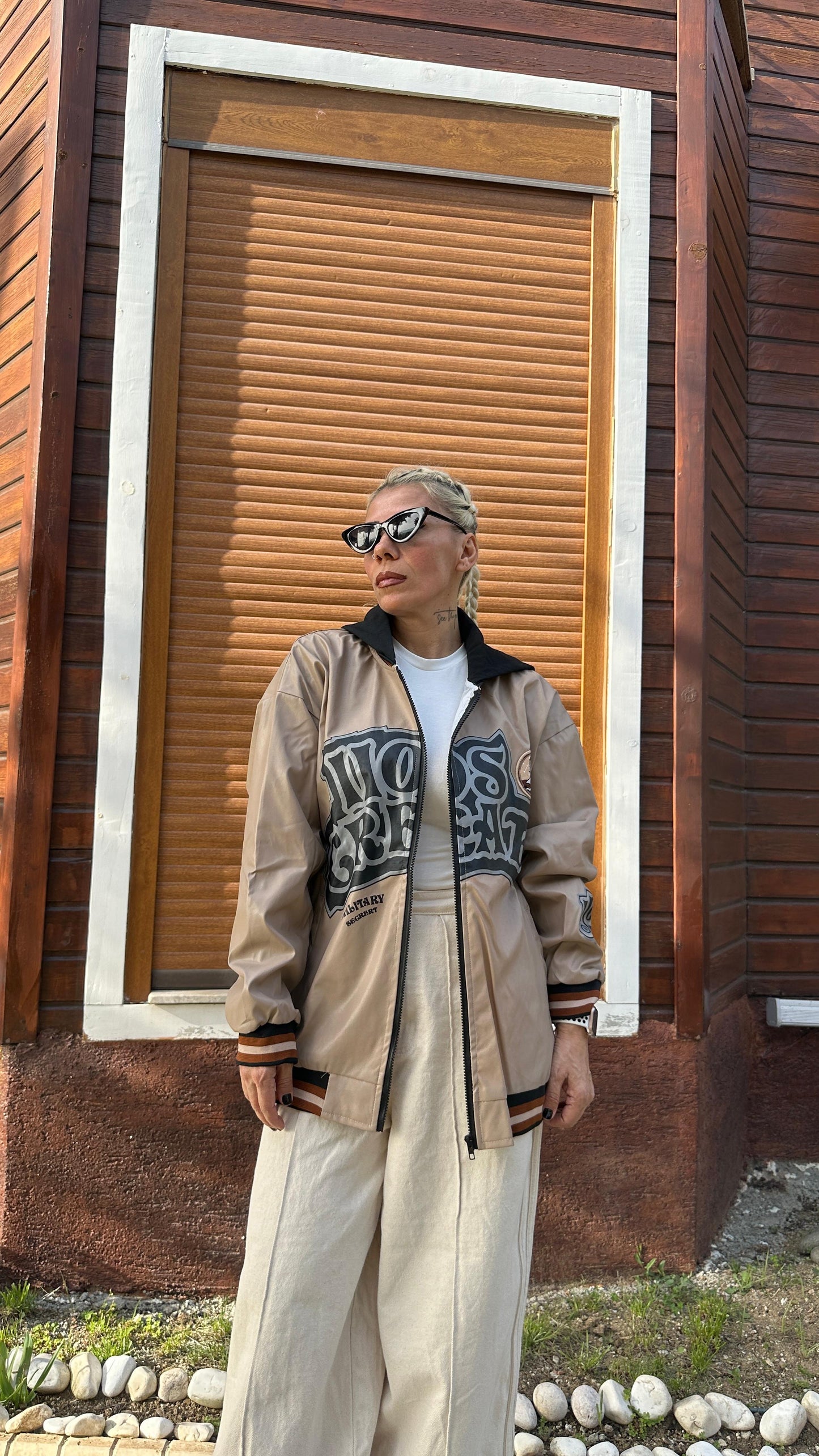 Unisex Oversize Bej Military Kolej Mont