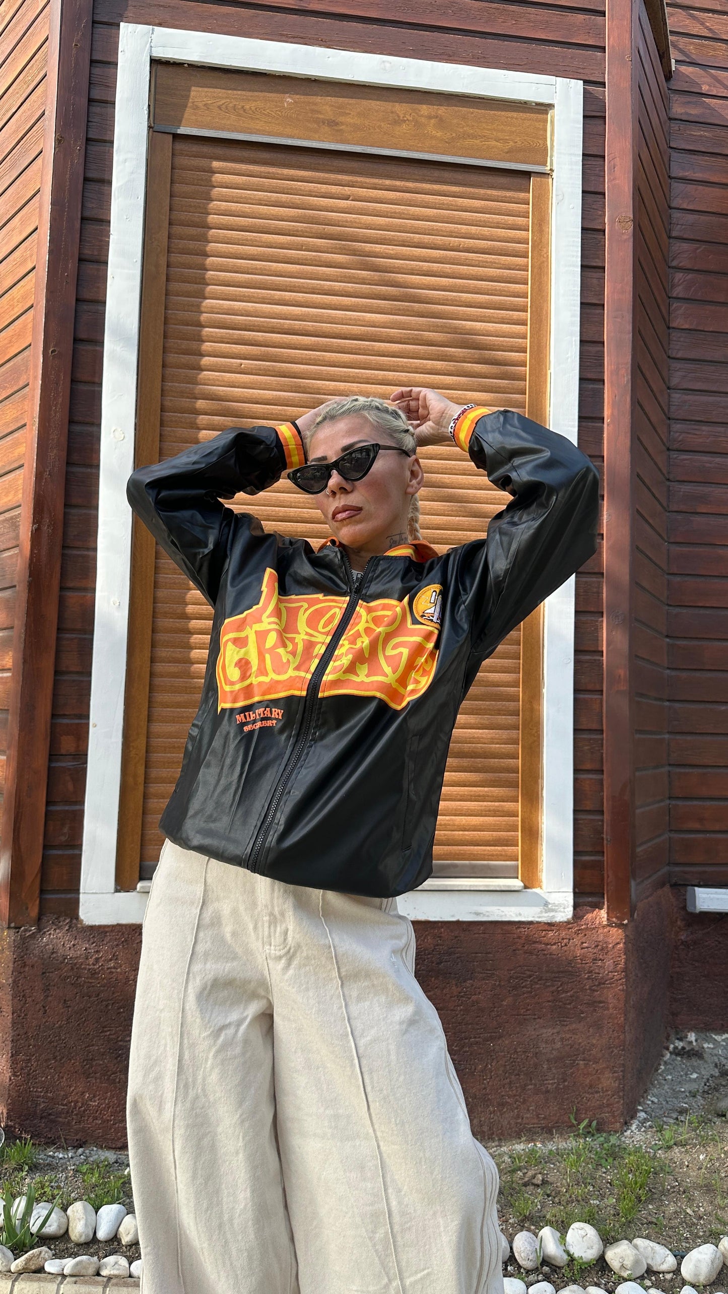 Unisex Oversize Siyah Military Kolej Mont