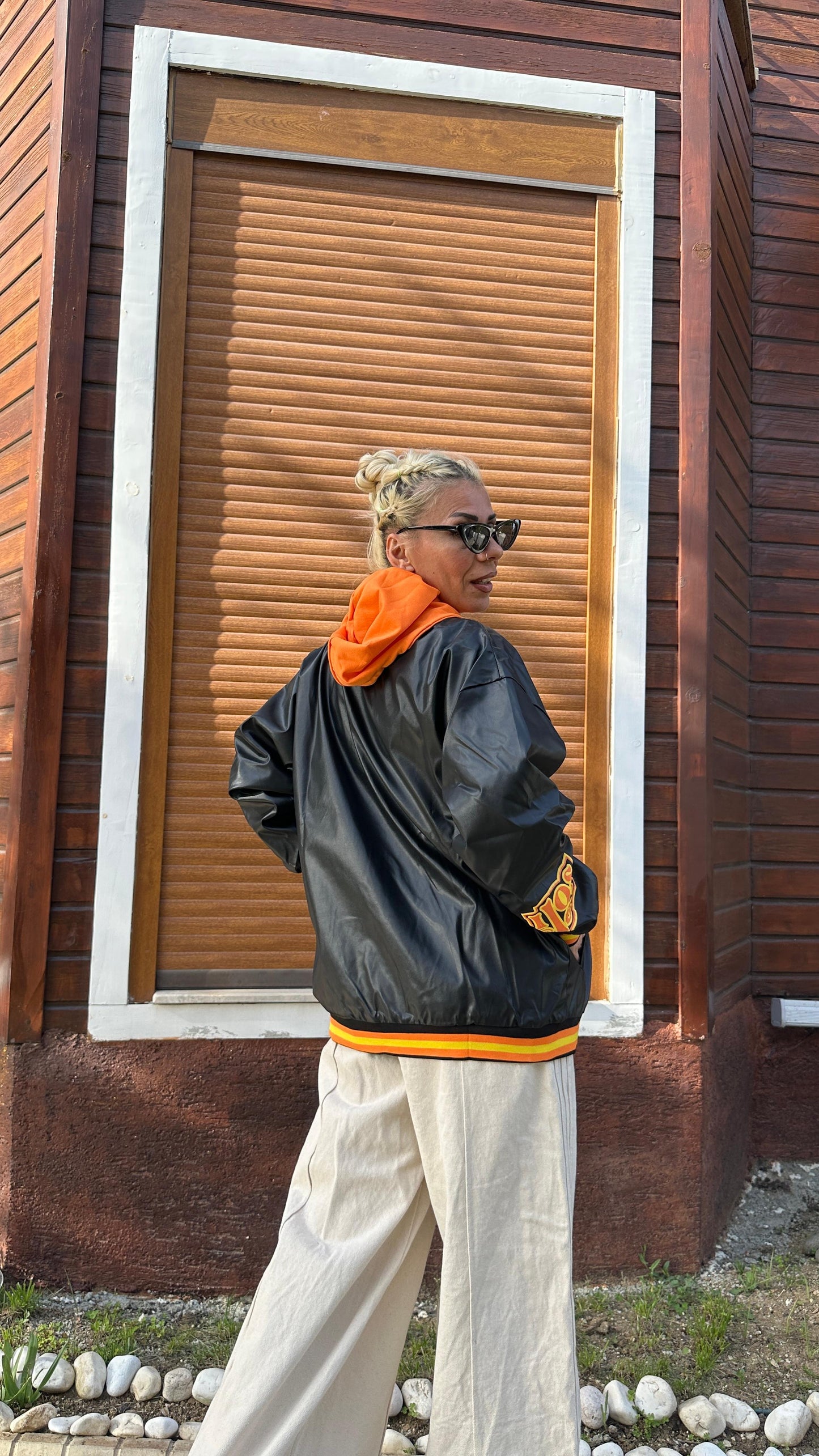 Unisex Oversize Siyah Military Kolej Mont
