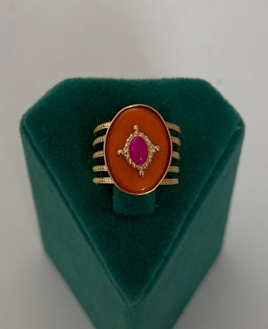 Çelik Gold Ayarlamalı Turuncu Pembe Vintage Yüzük
