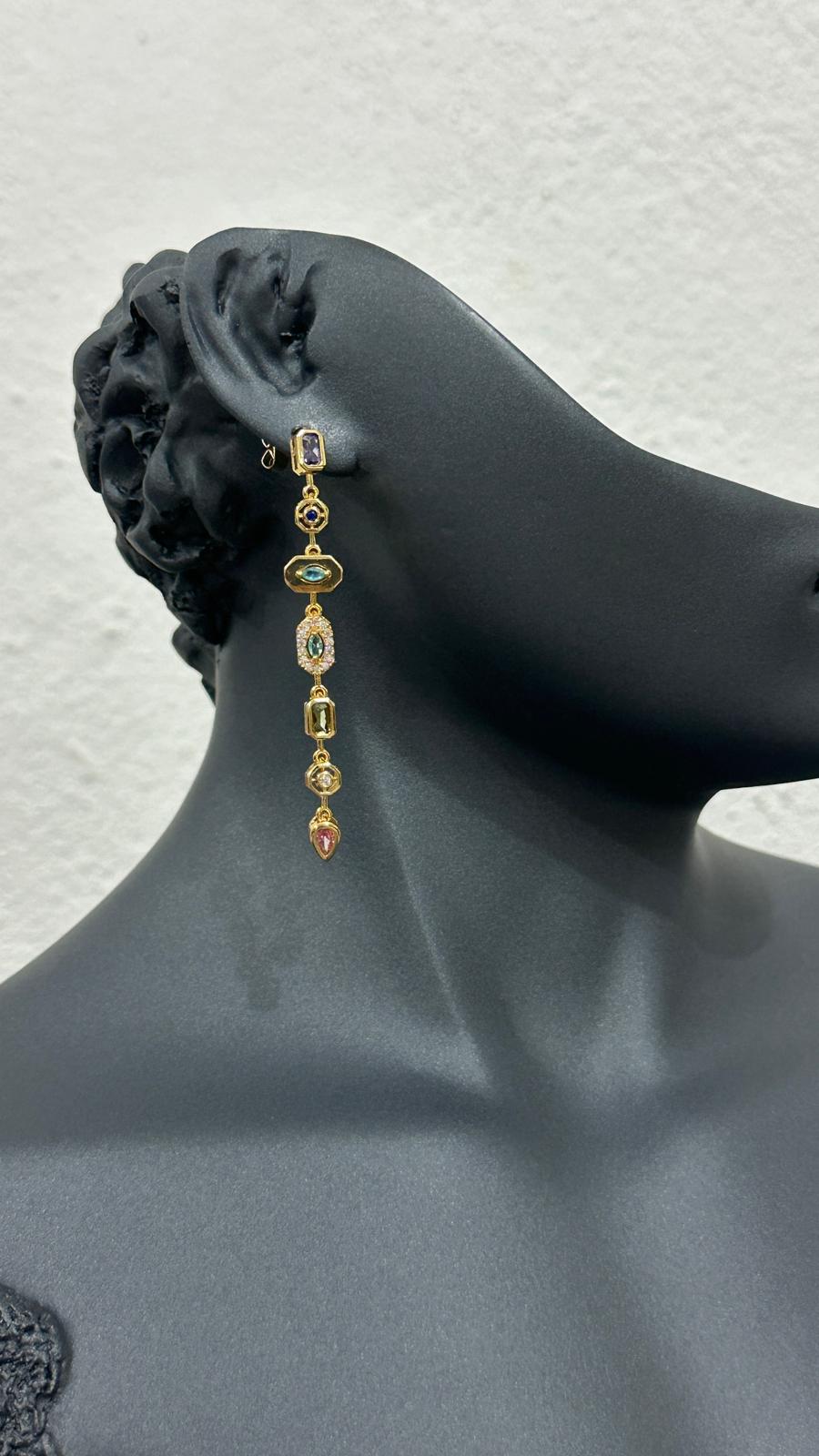 Çelik Gold 7 Element Renkli Taşlı Uzun Küpe