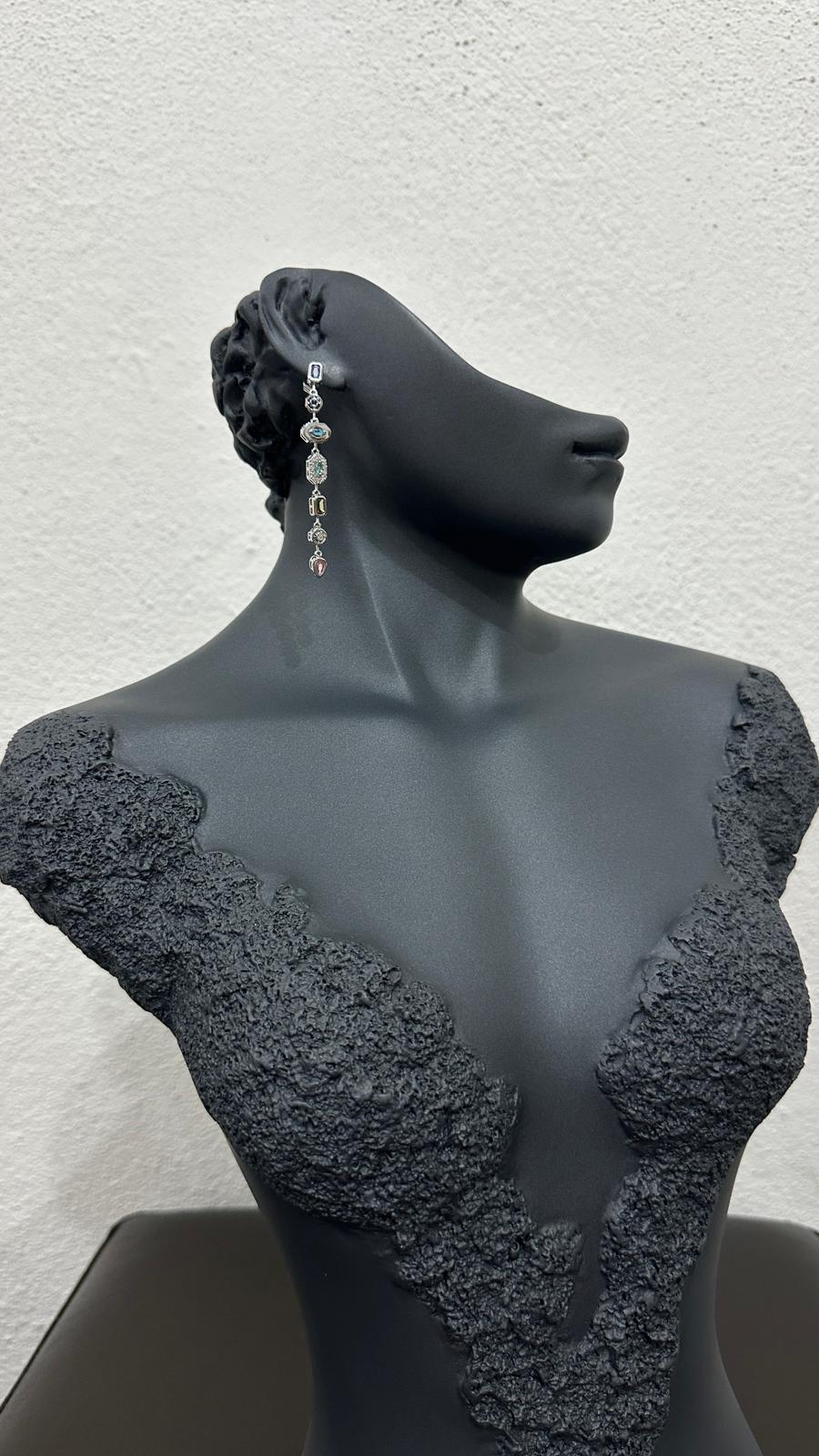 Çelik Siver 7 Element Renkli Taşlı Uzun Küpe Silver