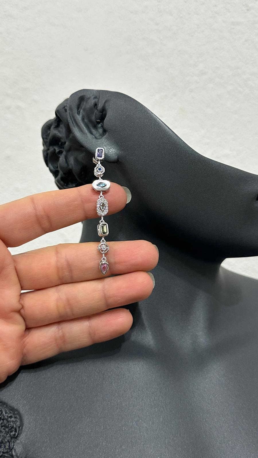 Çelik Siver 7 Element Renkli Taşlı Uzun Küpe