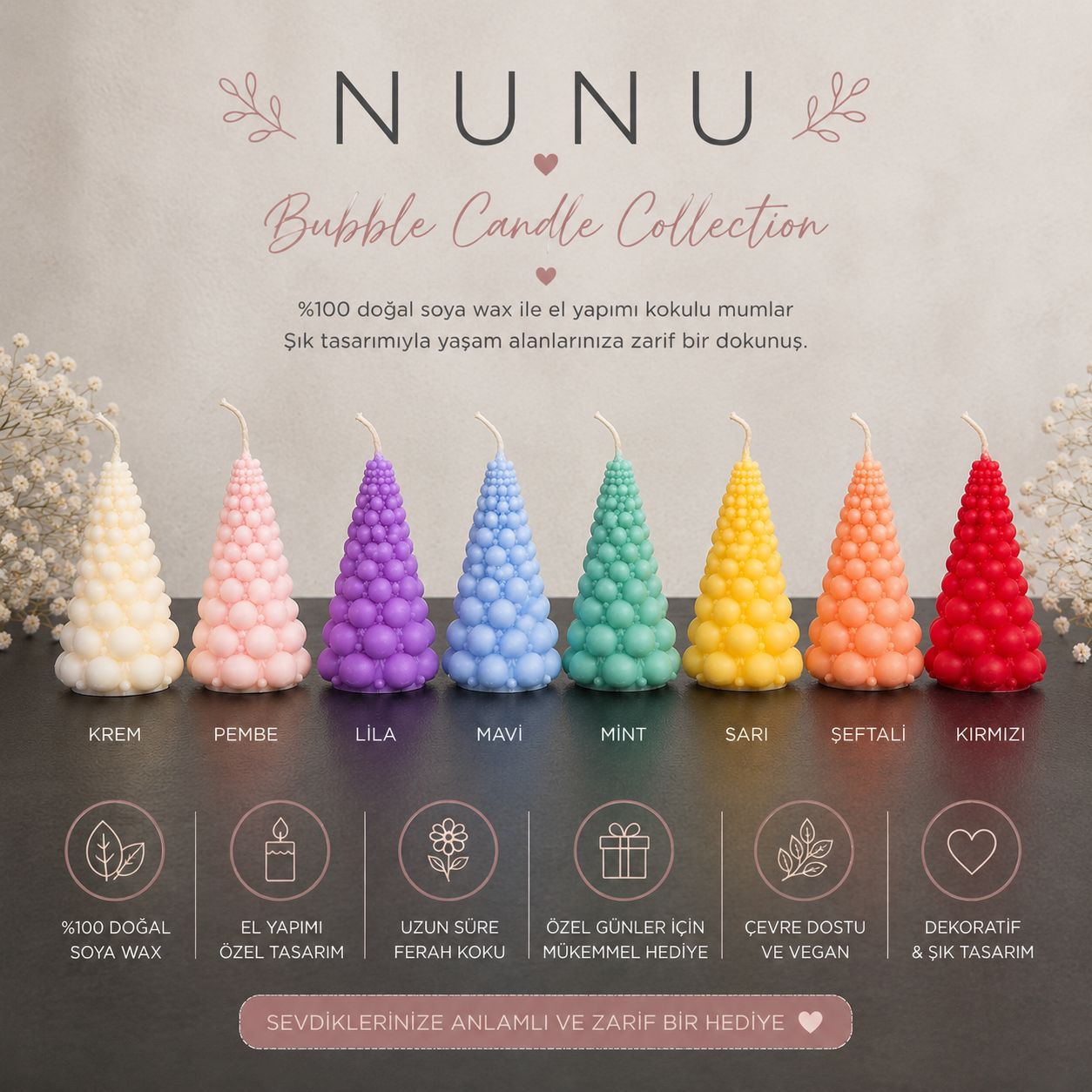 NuNu Bubble Candle Collection – El Yapımı Soya Wax Dekoratif Mum Mum