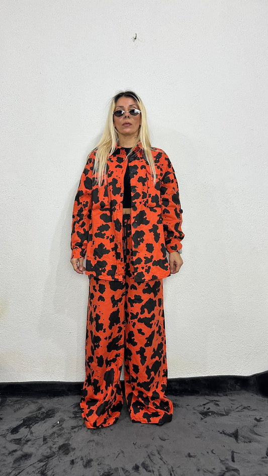 NuNu By İnek Desen Oversize Turuncu Gabardin Takım