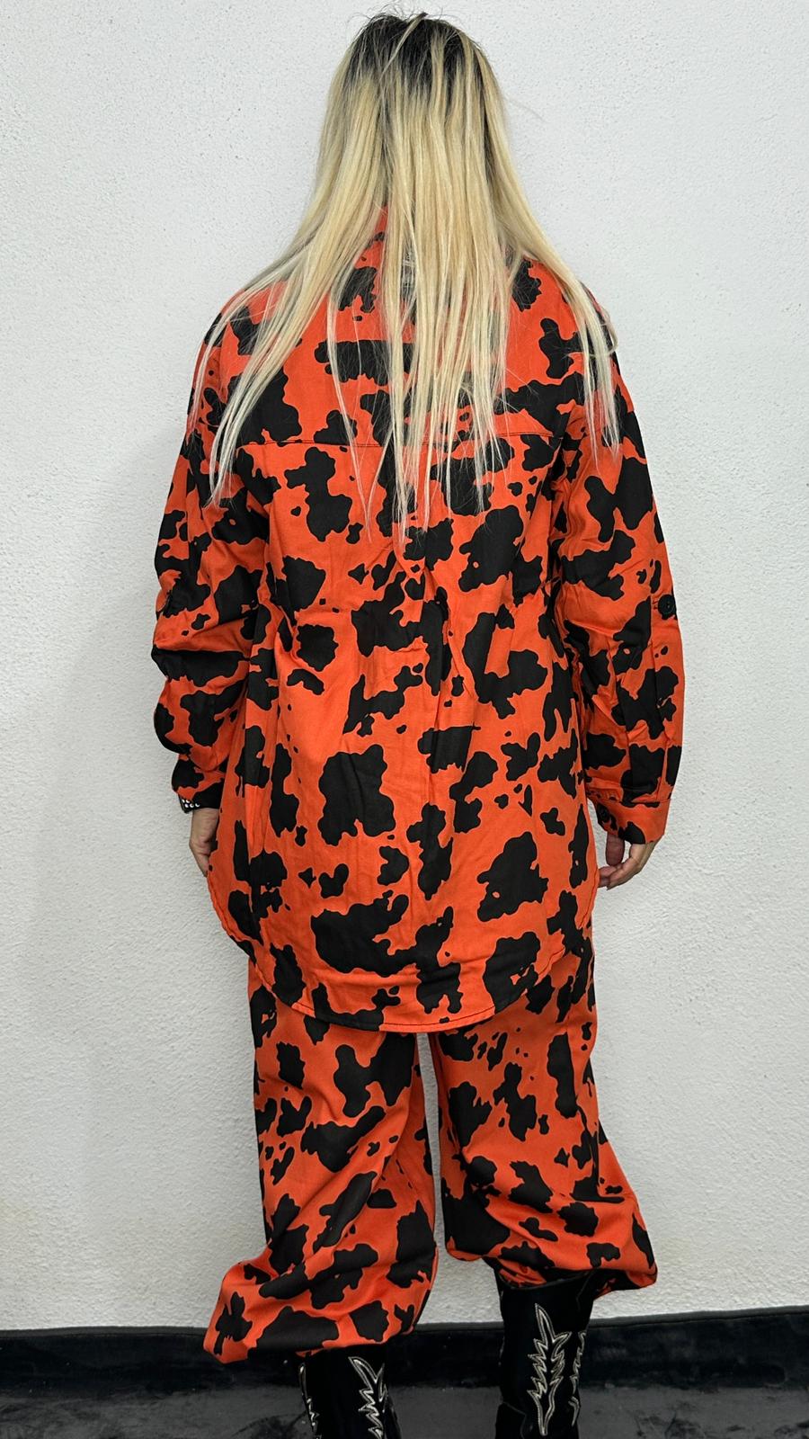 NuNu By İnek Desen Oversize Turuncu Gabardin Takım