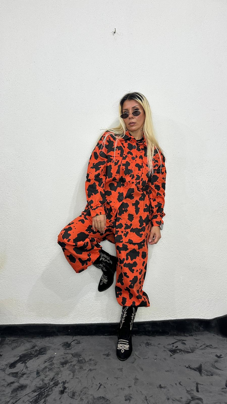 NuNu By İnek Desen Oversize Turuncu Gabardin Takım