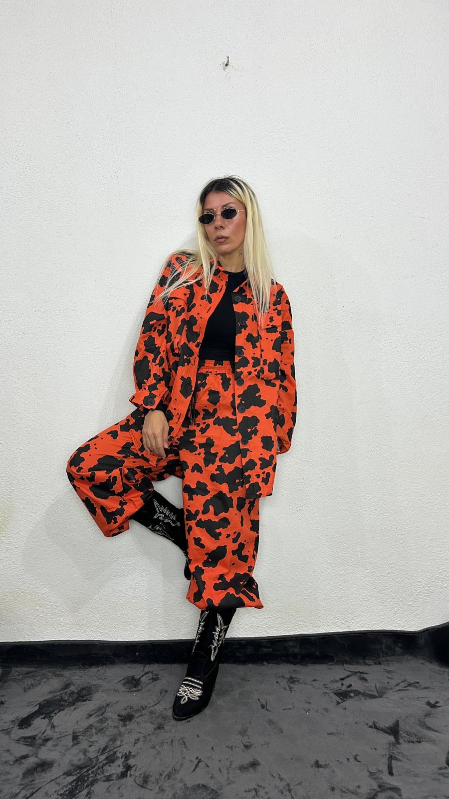 NuNu By İnek Desen Oversize Turuncu Gabardin Takım