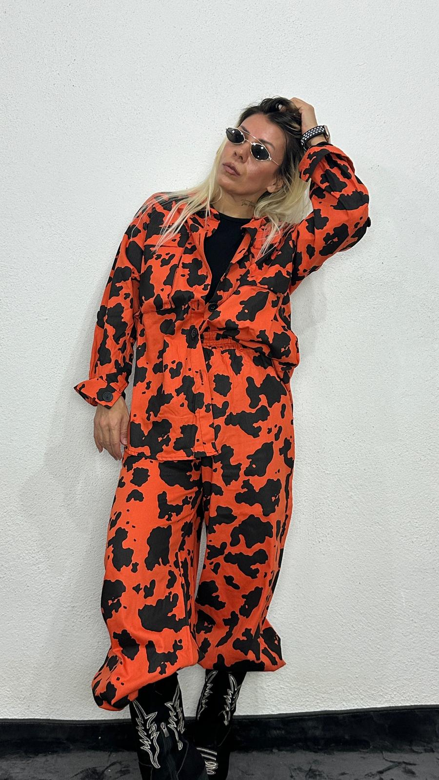 NuNu By İnek Desen Oversize Turuncu Gabardin Takım