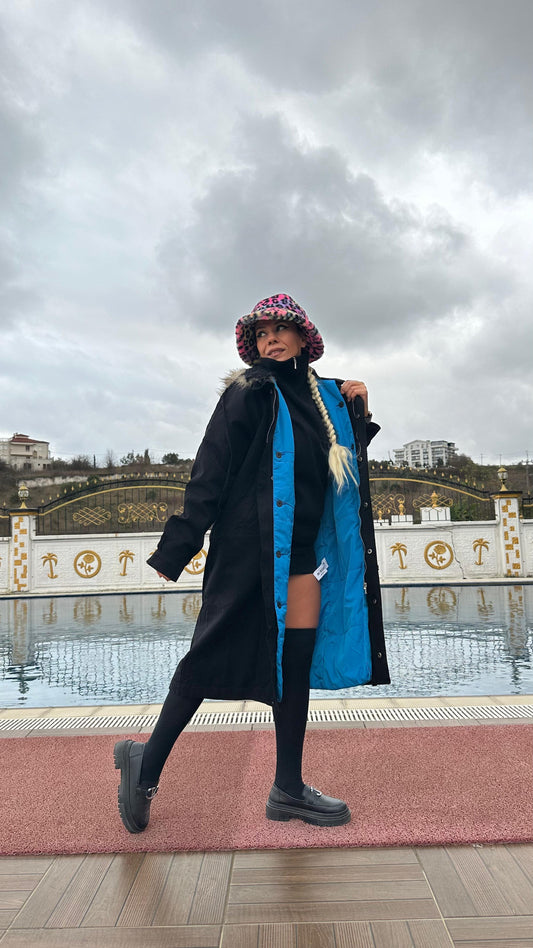 NuNu By Noir Siyah Tüylü Kapüşonlu Oversize Gabardin Mont