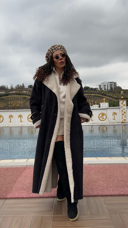 NuNu By Vintage Nubuk Siyah Teddy Uzun Kaban