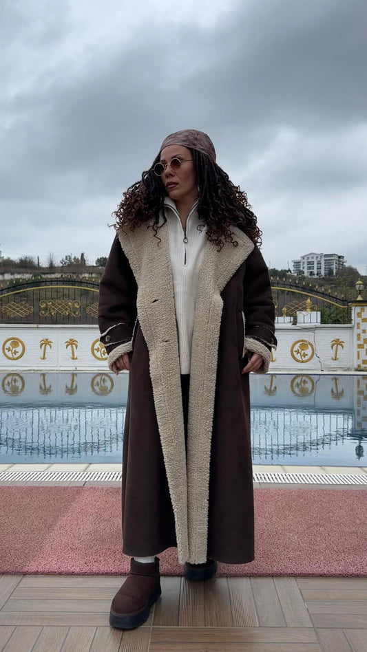 NuNu By Vintage Nubuk Kahverengi Teddy Uzun Kaban