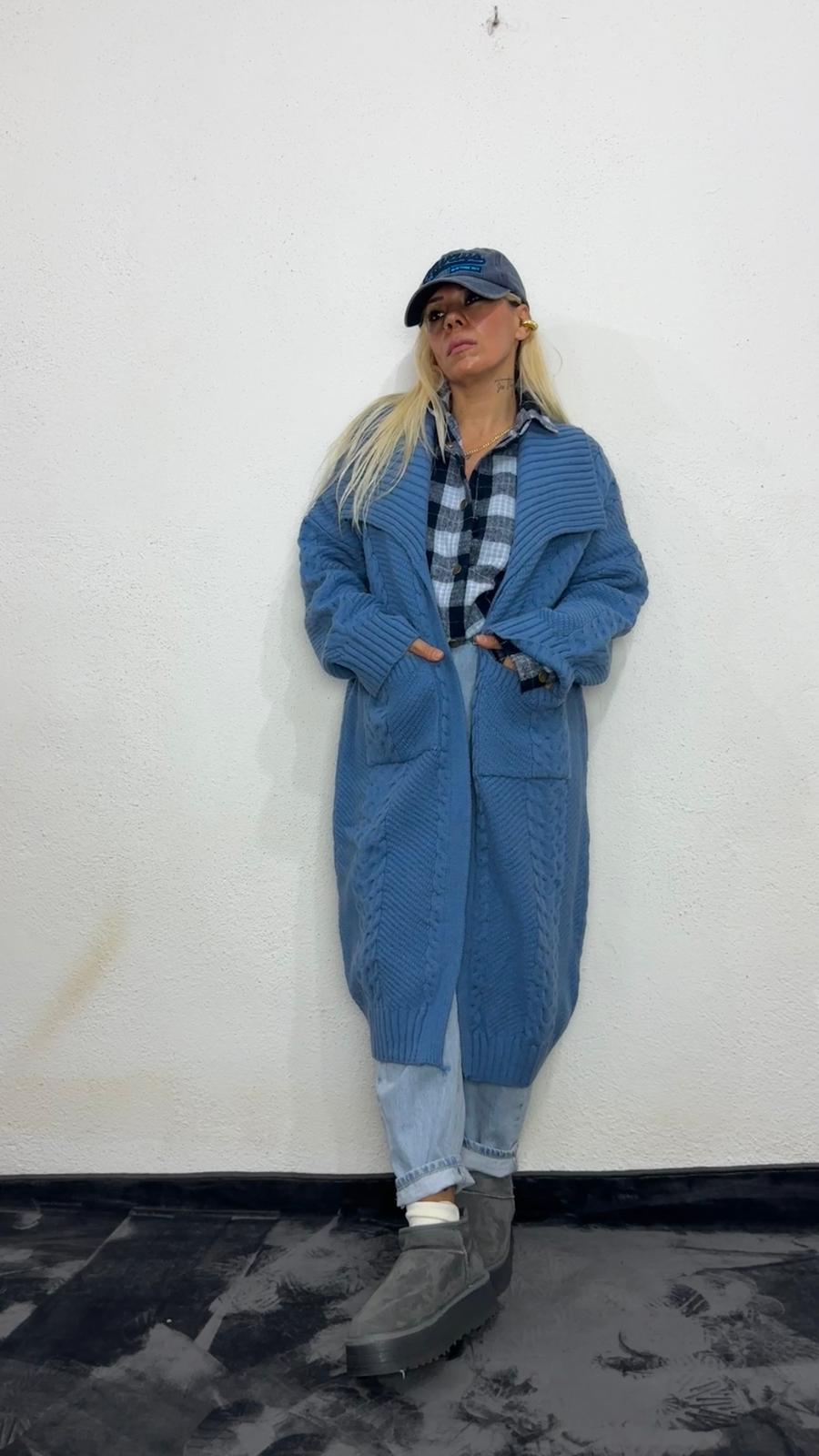 Nunu By Balıksırtı Desenli İndigo Oversize Hırka