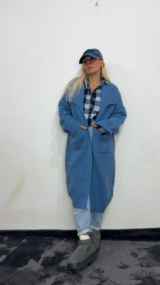 Nunu By Balıksırtı Desenli İndigo Oversize Hırka