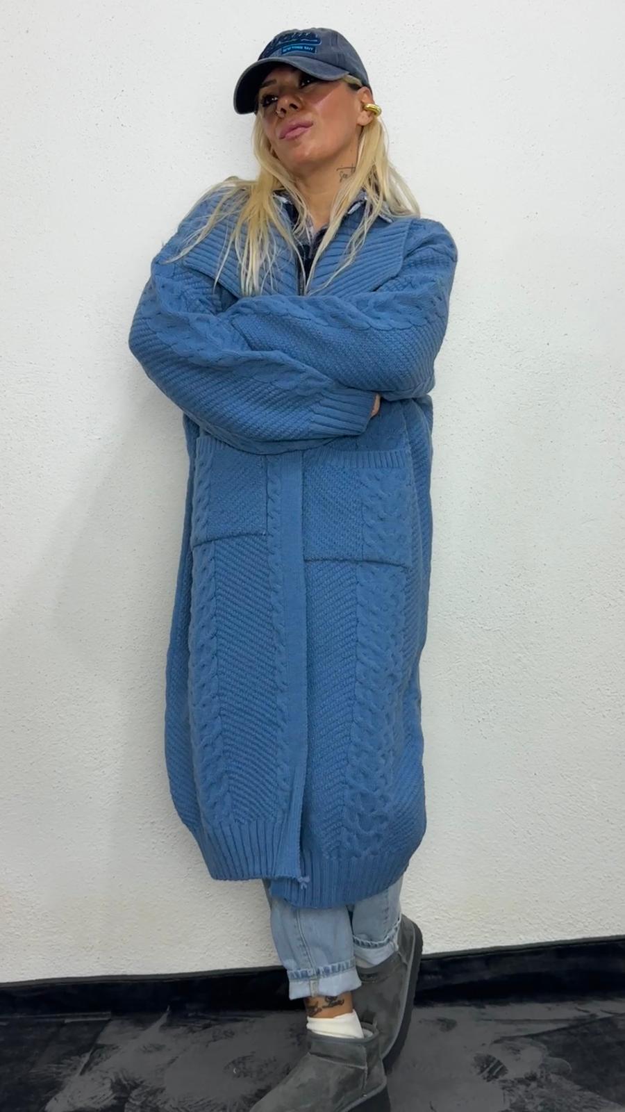 Nunu By Balıksırtı Desenli İndigo Oversize Hırka