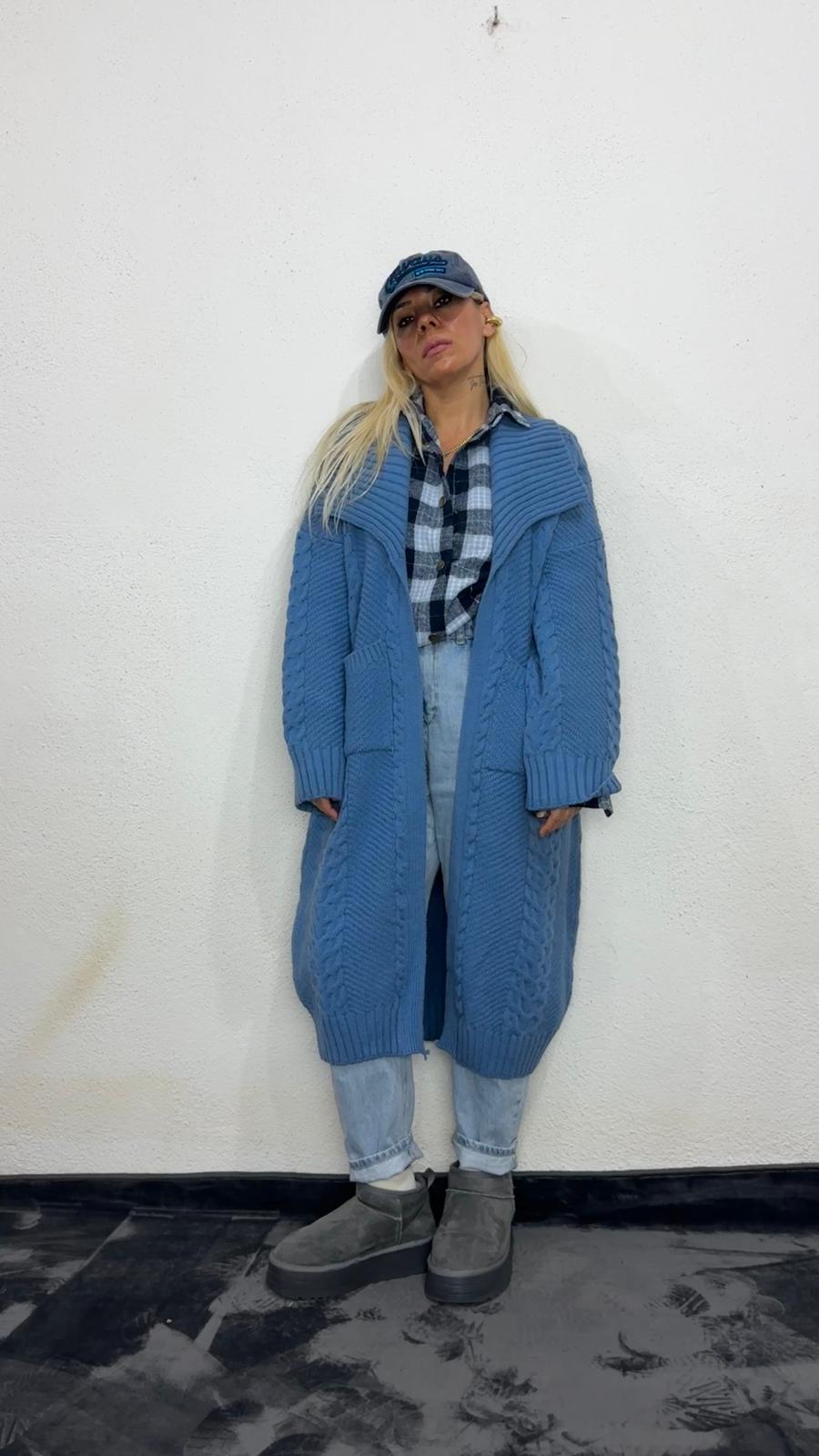 Nunu By Balıksırtı Desenli İndigo Oversize Hırka