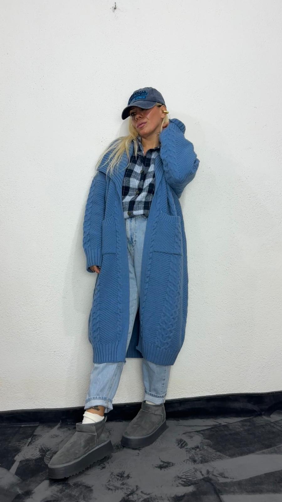 Nunu By Balıksırtı Desenli İndigo Oversize Hırka