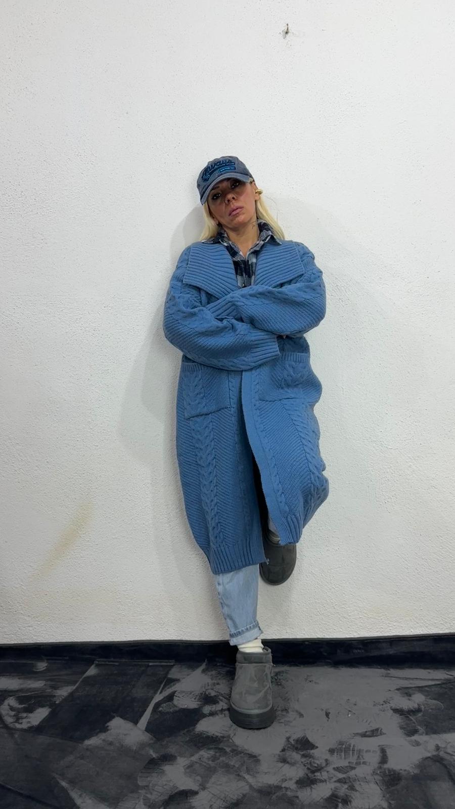 Nunu By Balıksırtı Desenli İndigo Oversize Hırka