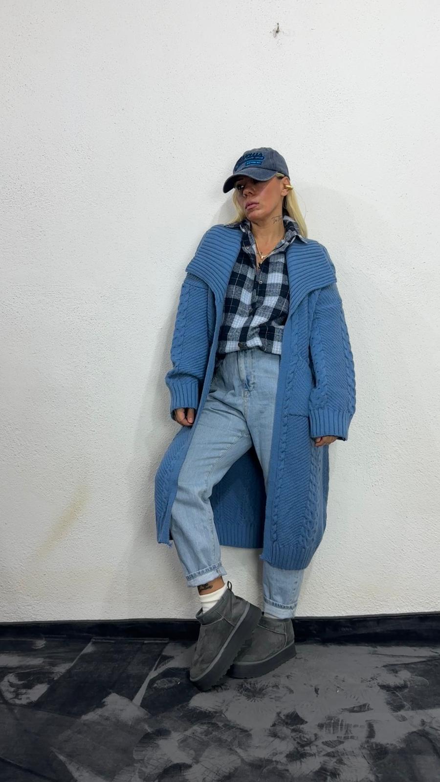 Nunu By Balıksırtı Desenli İndigo Oversize Hırka