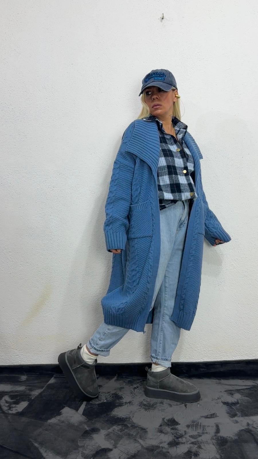 Nunu By Balıksırtı Desenli İndigo Oversize Hırka