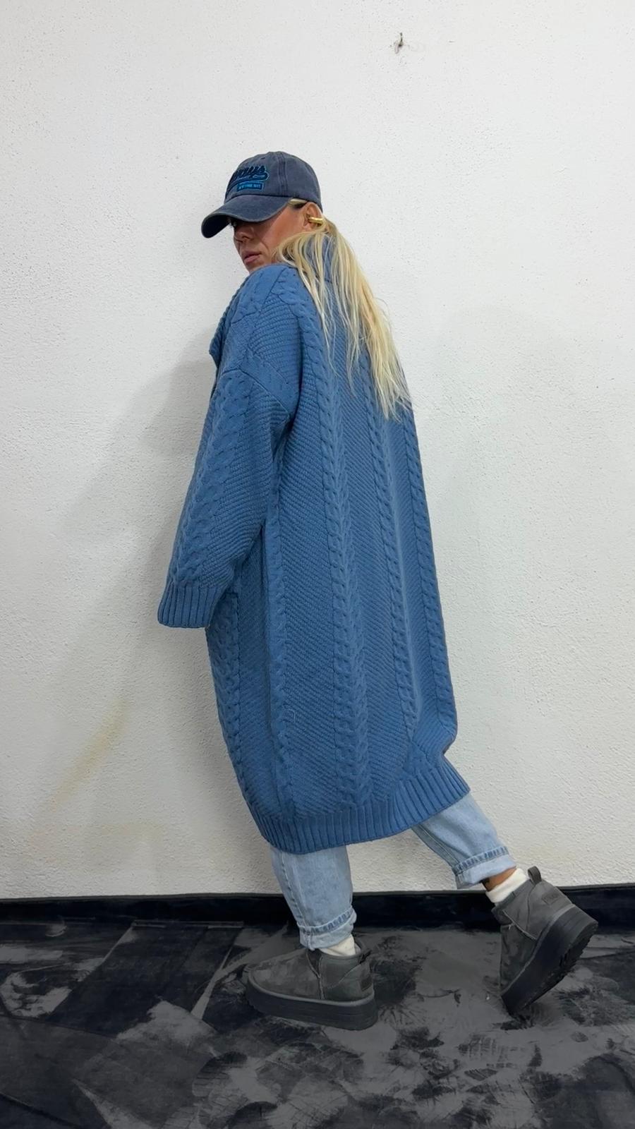 Nunu By Balıksırtı Desenli İndigo Oversize Hırka