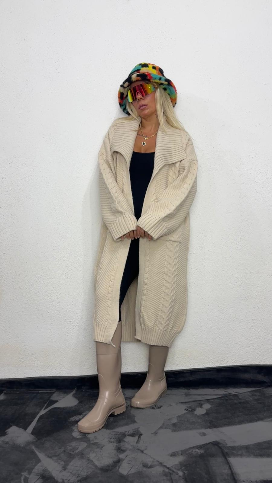 Nunu By Balıksırtı Desenli Krem Oversize Hırka