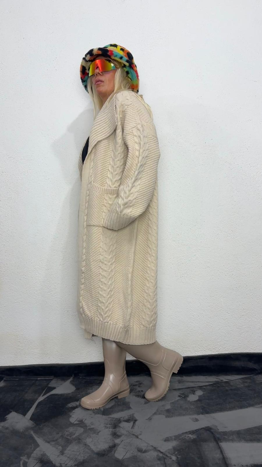 Nunu By Balıksırtı Desenli Krem Oversize Hırka