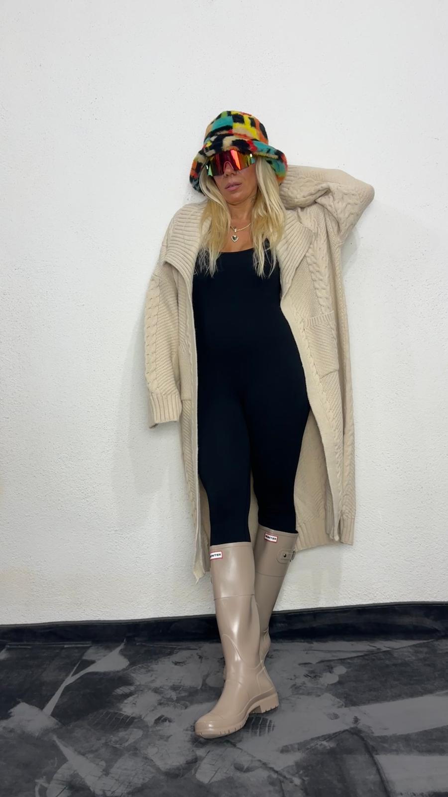 Nunu By Balıksırtı Desenli Krem Oversize Hırka