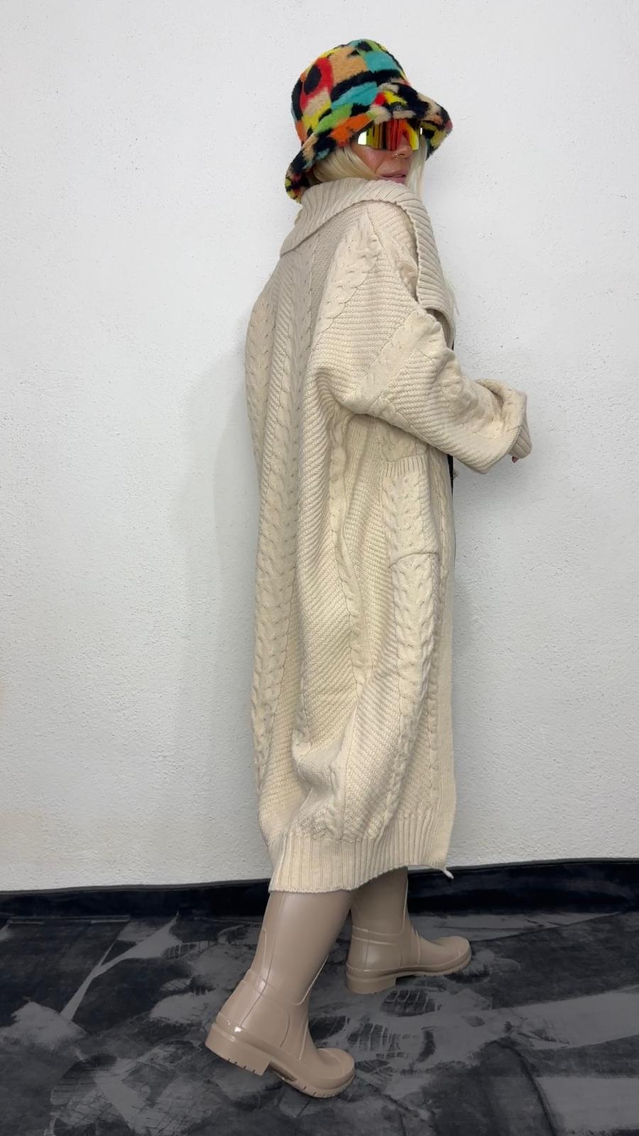 Nunu By Balıksırtı Desenli Krem Oversize Hırka