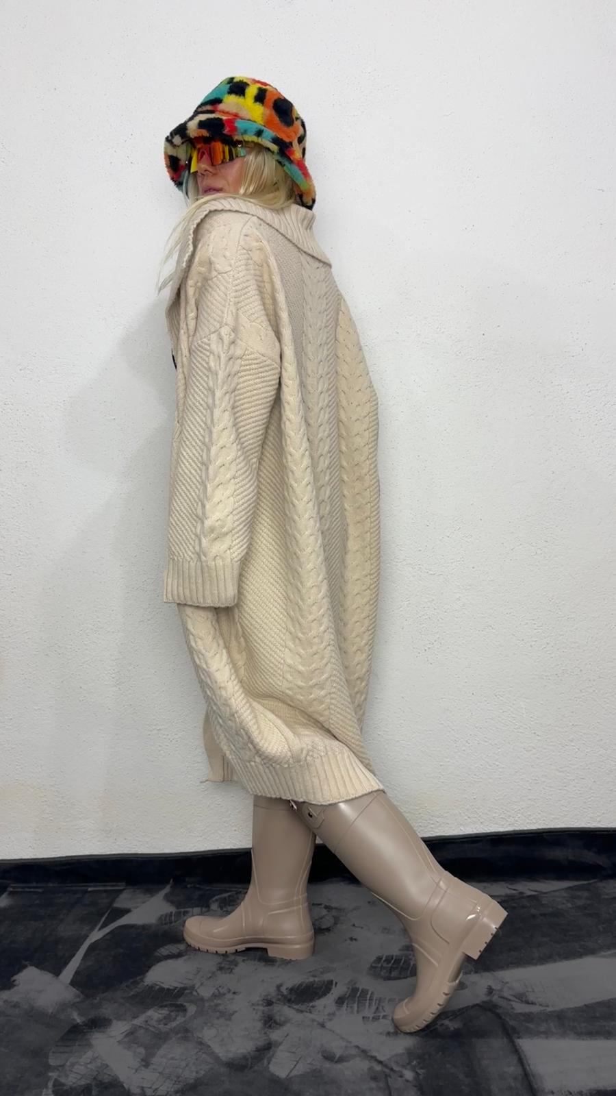 Nunu By Balıksırtı Desenli Krem Oversize Hırka