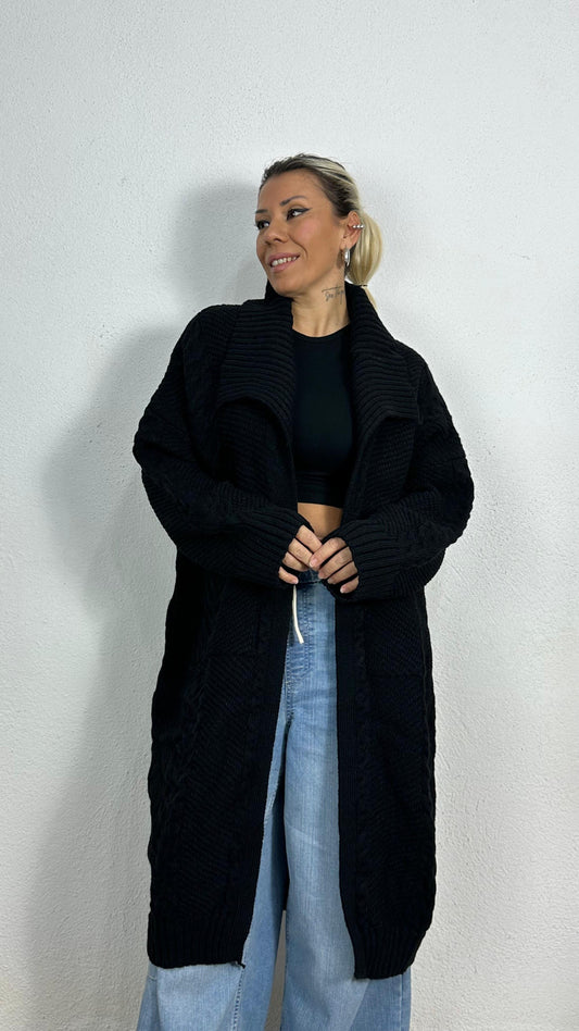 Nunu By Balıksırtı Desenli Siyah Oversize Hırka
