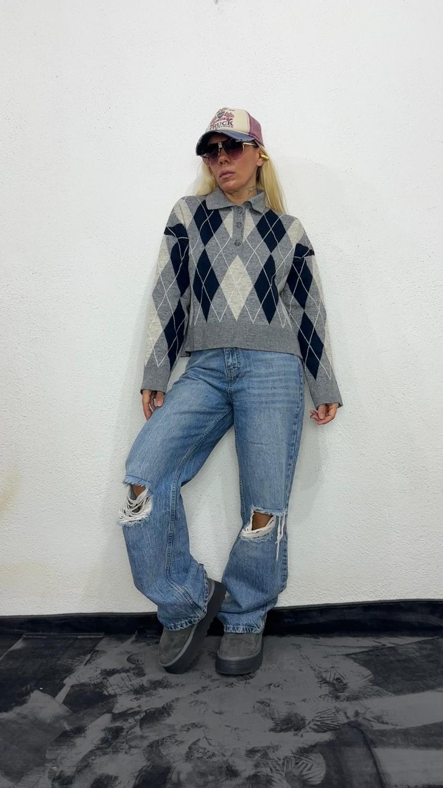 Nunu By Cozy Polo Yaka Gri Lacivert Küçük Baklavalı Kolej Kazak