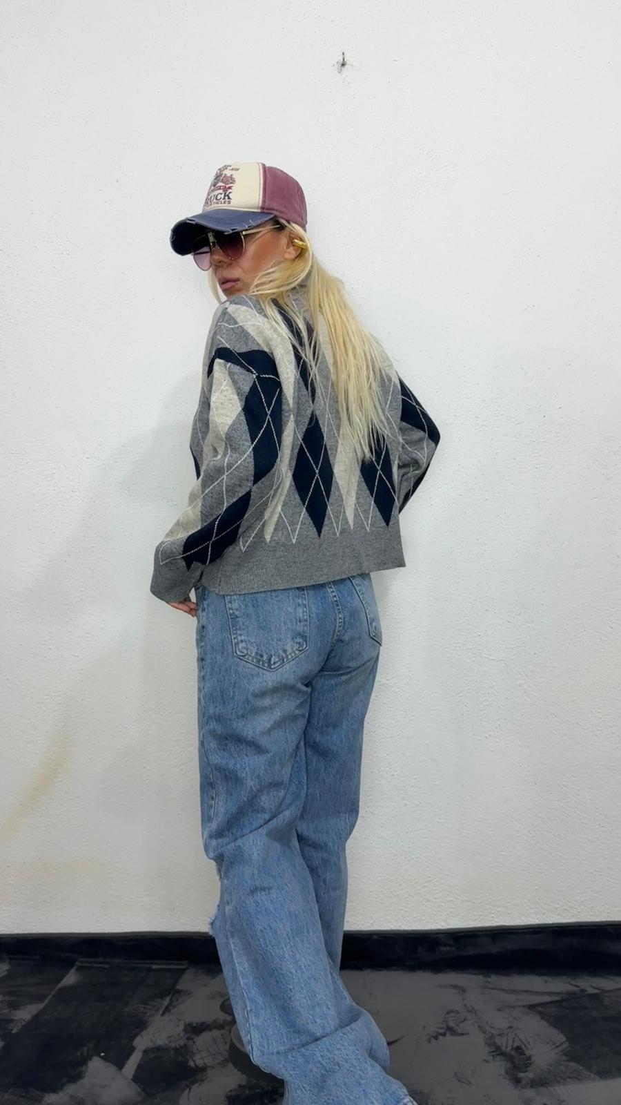 Nunu By Cozy Polo Yaka Gri Lacivert Küçük Baklavalı Kolej Kazak