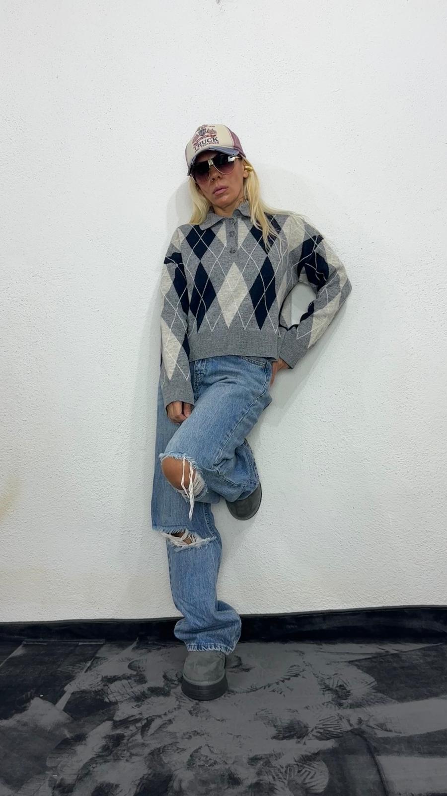 Nunu By Cozy Polo Yaka Gri Lacivert Küçük Baklavalı Kolej Kazak