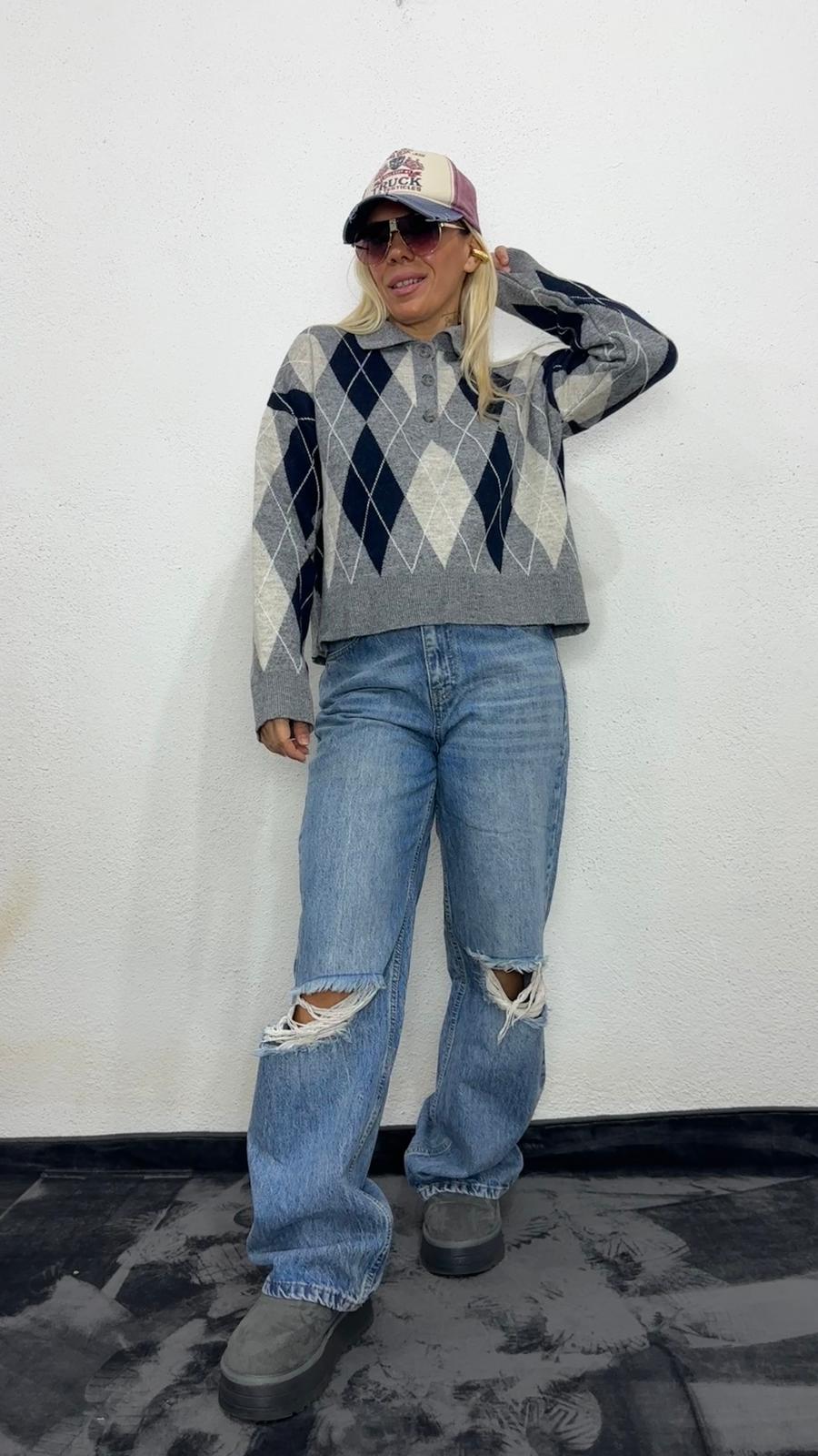 Nunu By Cozy Polo Yaka Gri Lacivert Küçük Baklavalı Kolej Kazak